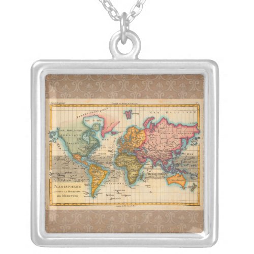 World Map 1700s Antique Continents  Silver Plated Necklace