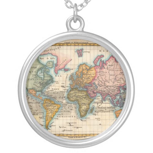 World Map 1700s Antique Continents  Silver Plated Necklace