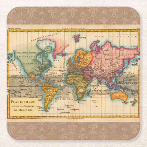 World Map 1700s Antique Continents  Square Paper Coaster