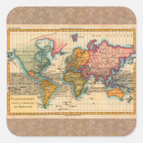 World Map 1700s Antique Continents  Square Sticker