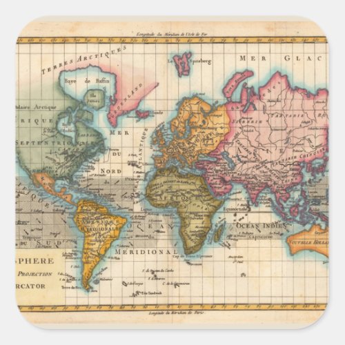 World Map 1700s Antique Continents  Square Sticker