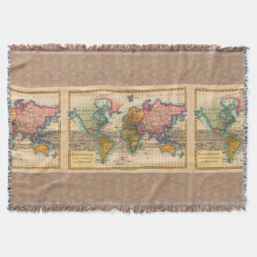 World Map 1700s Antique Continents  Throw Blanket