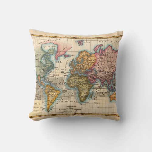 World Map 1700s Antique Continents  Throw Pillow