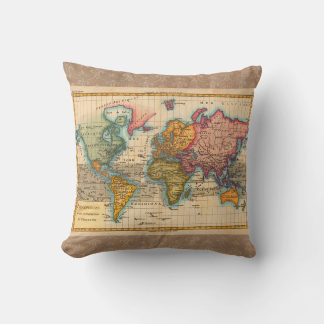World Map 1700s Antique Continents  Throw Pillow (Front)