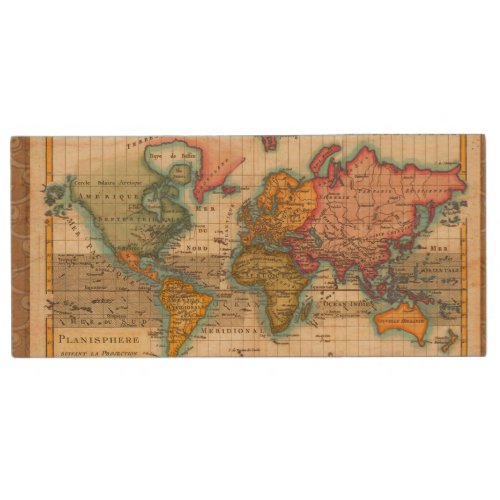 World Map 1700s Antique Continents  Wood USB Flash Drive