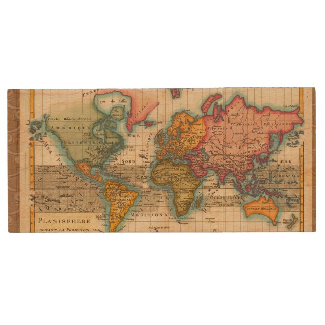 World Map 1700s Antique Continents  Wood USB Flash Drive (Front)