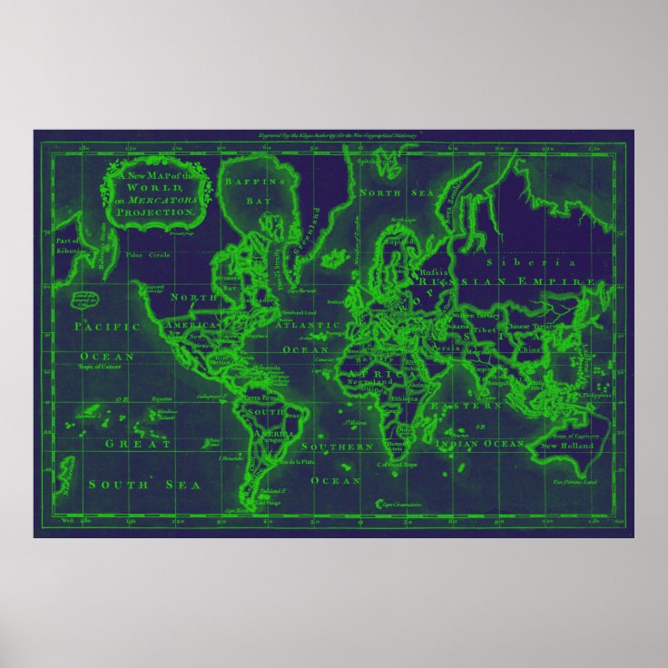 World Map (1766) Dark Blue & Green Poster Zazzle