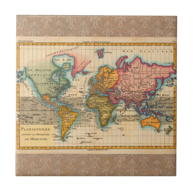 World Map 1780 Bonne Antique Planisphere  Ceramic Tile (Front)
