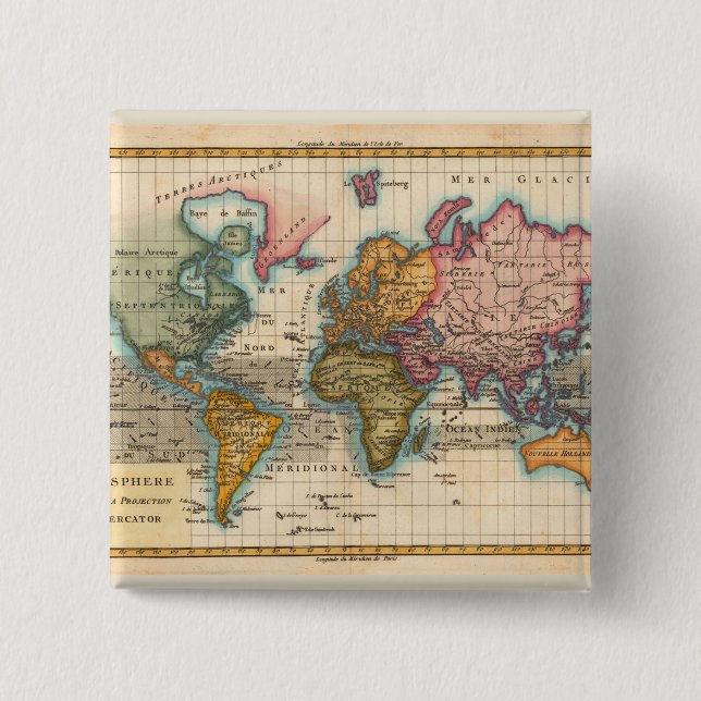 World Map 1780 Bonne Antique Planisphere  Pinback Button (Front)