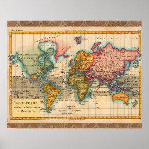 World Map 1780 Bonne Antique Planisphere Poster