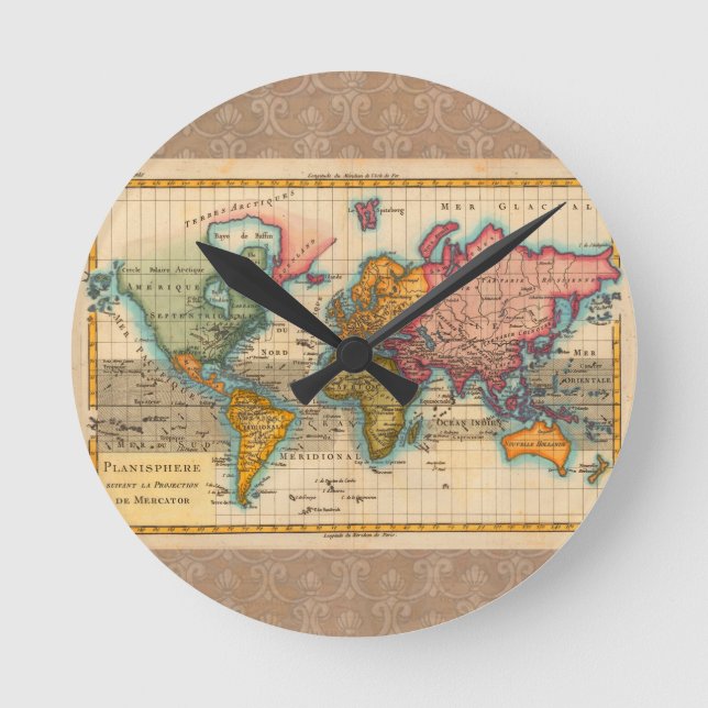 World Map 1780 Bonne Antique Planisphere  Round Clock (Front)
