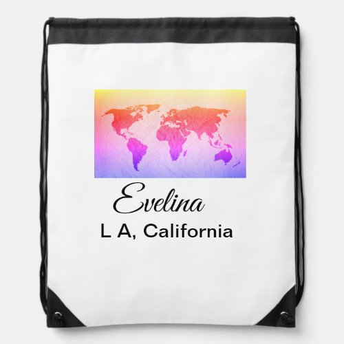 World map add name text place country city text mi drawstring bag