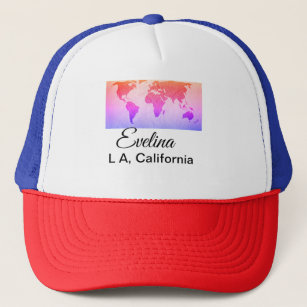 World map add name text place country city text mi trucker hat