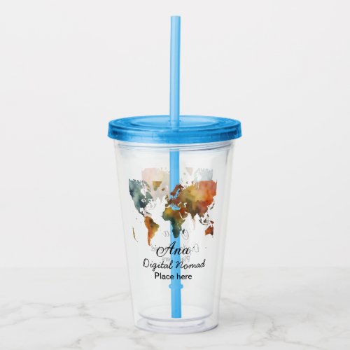 World map add your name text place city phone acrylic tumbler