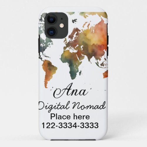 World map add your name text place city phone iPhone 11 case