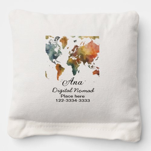 World map add your name text place city phone cornhole bags