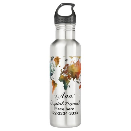 World map add your name text place city phone stainless steel water bottle