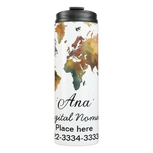 World map add your name text place city phone thermal tumbler