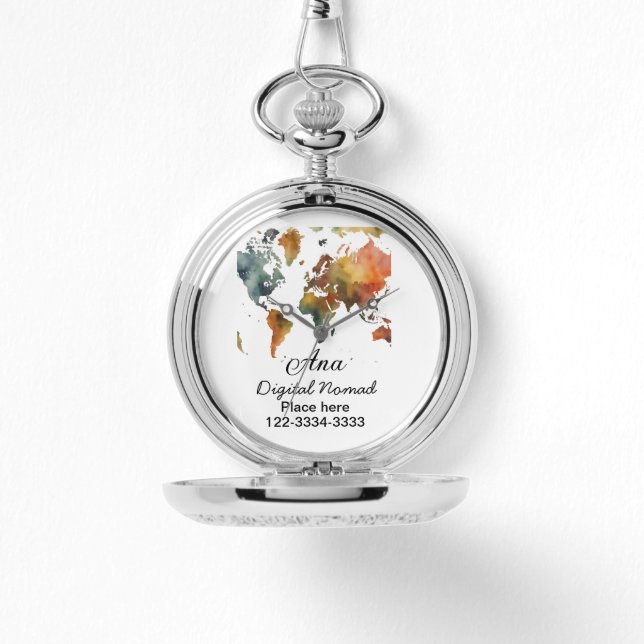 World map add your name text place city phone watch (Front)