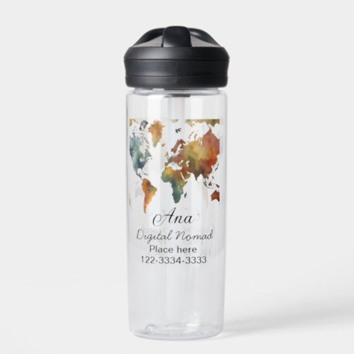 World map add your name text place city phone water bottle