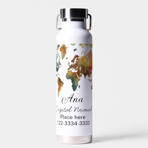 World map add your name text place city phone water bottle