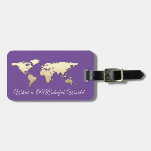 World Map Address What a ONEderful Gold Purple Luggage Tag