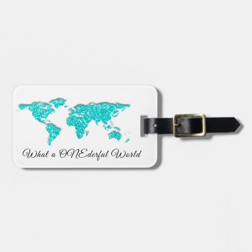 World Map Address What a ONEderful White Blue Luggage Tag