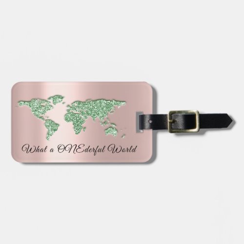 World Map Address What a ONEderful World Rose Mint Luggage Tag