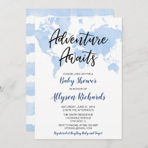 World map adventure awaits boy baby shower invitation