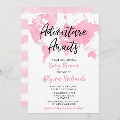 World map adventure awaits girl baby shower pink invitation