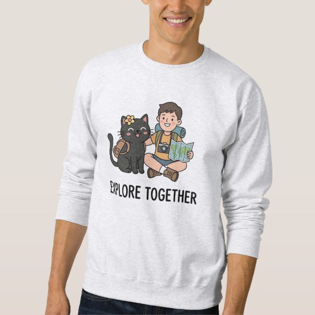 World Map Adventure Black Cat Boy Graphic Art Sweatshirt (Front)