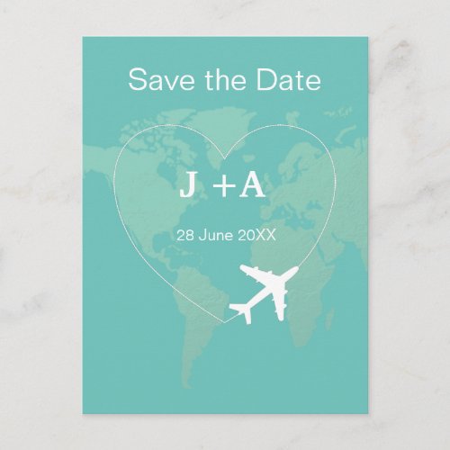 World map airplane save the date postcard