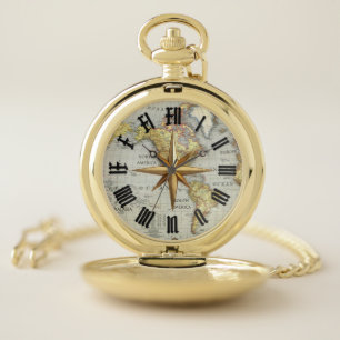 world map and compass pocket watch