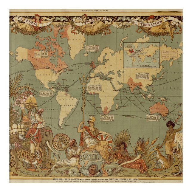 World Map Antique 1886 Illustrated Acrylic Print (Front)