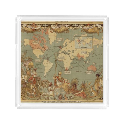 World Map Antique 1886 Illustrated Acrylic Tray