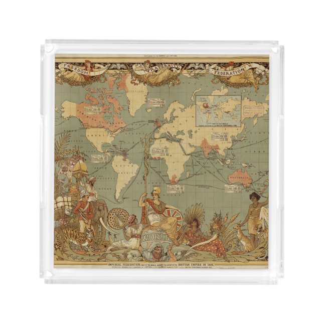 World Map Antique 1886 Illustrated Acrylic Tray (Front)