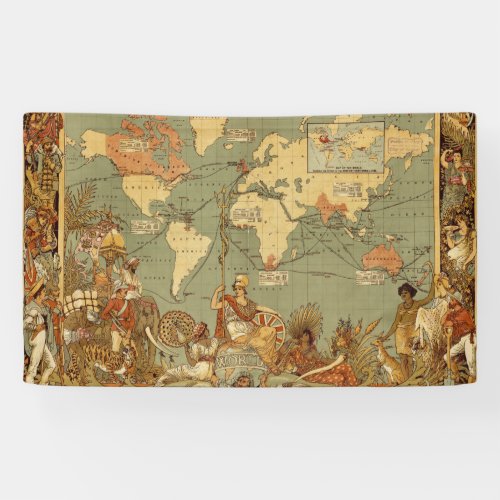 World Map Antique 1886 Illustrated Banner