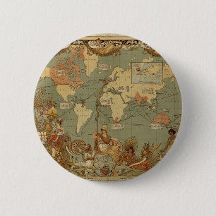 World Map Antique 1886 Illustrated Button