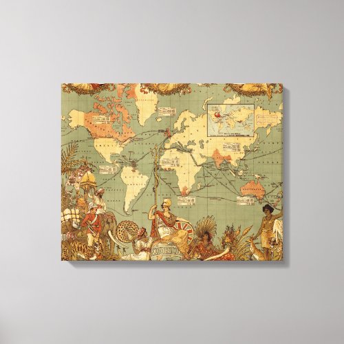 World Map Antique 1886 Illustrated Canvas Print