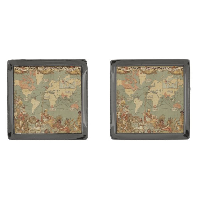 World Map Antique 1886 Illustrated Cufflinks (Front)