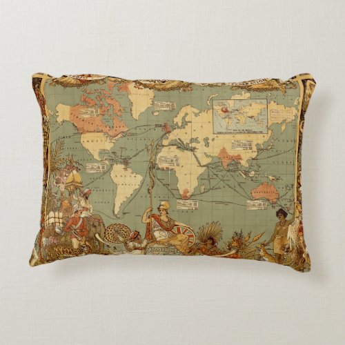 World Map Antique 1886 Illustrated Decorative Pillow