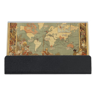 World Map Antique 1886 Illustrated Desk Business Card Holder