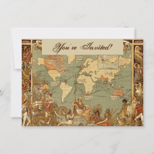 World Map Antique 1886 Illustrated Invitation