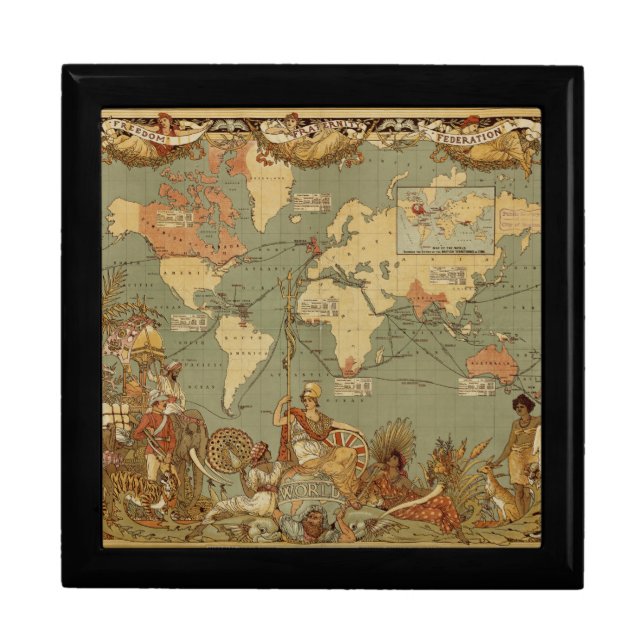 World Map Antique 1886 Illustrated Jewelry Box (Front)