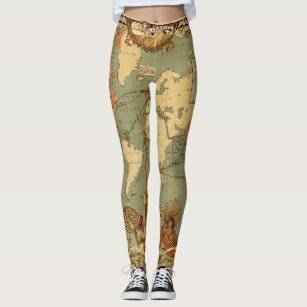 Yoga Leggings With Maps, World Map Leggings, Black and Green Yoga Pants,  Leggings Illustrated by Hand, Print Leggings, Yoga Print Leggings 