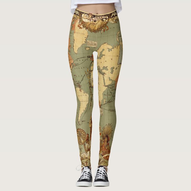 World Map Antique 1886 Illustrated Leggings (Front)