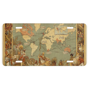World Map Antique 1886 Illustrated License Plate