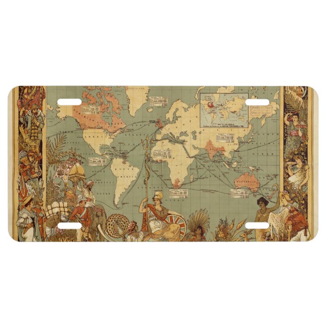 World Map Antique 1886 Illustrated License Plate (Front)