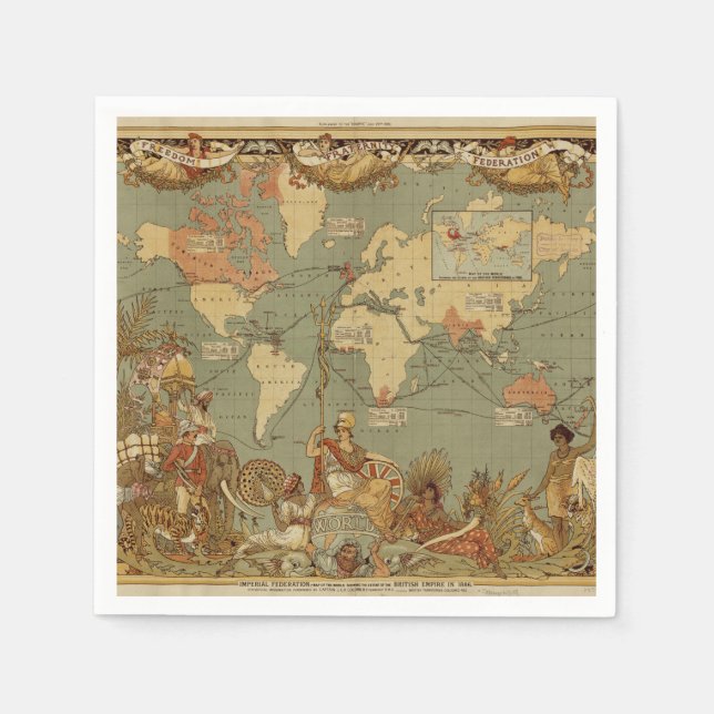 World Map Antique 1886 Illustrated Paper Napkins (Front)