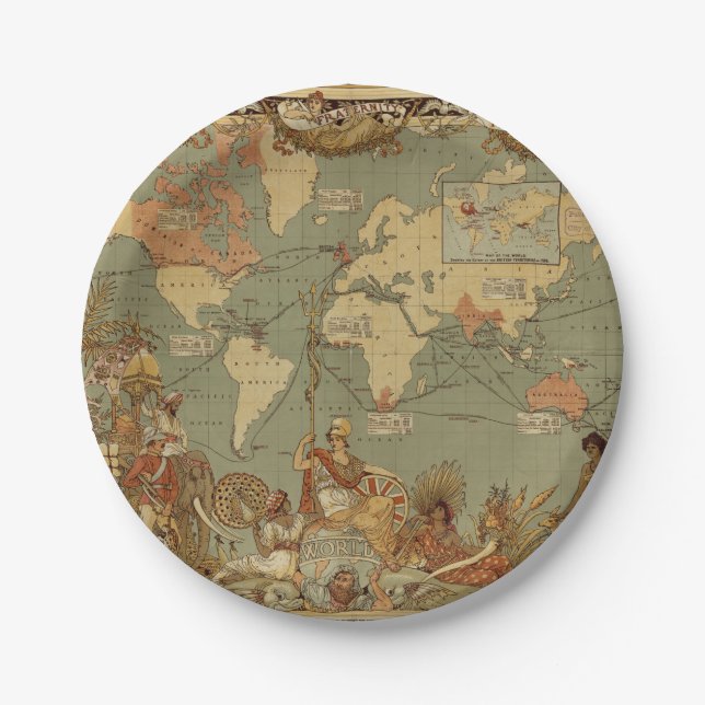 World Map Antique 1886 Illustrated Paper Plates (Front)